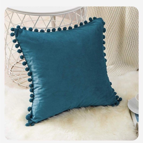 Teal Throw Pillowcase with Pom-Pom Trim - Picture 1 of 1
